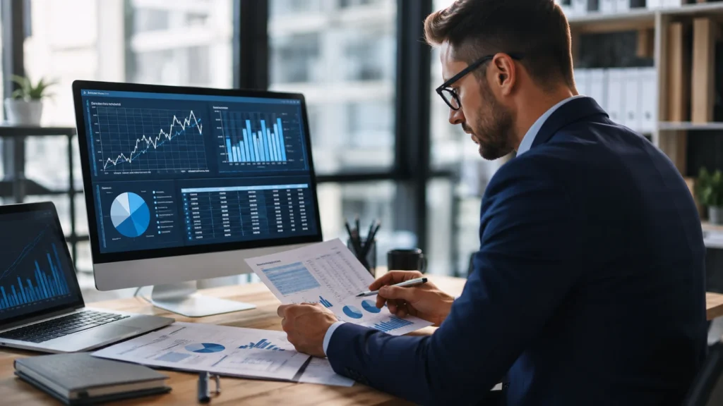 [Imagem: economista analisando gráficos e indicadores econômicos em um escritório moderno, com computador e documentos sobre a mesa]