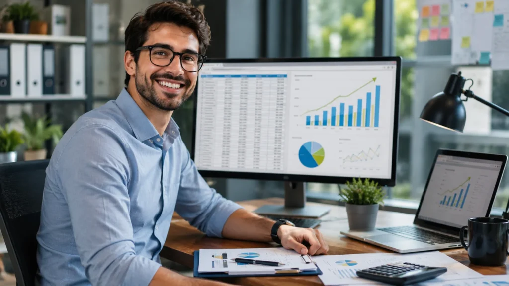 [Imagem: profissional de economia sorrindo diante de uma planilha com gráficos ascendentes, em uma cena corporativa descontraída]
