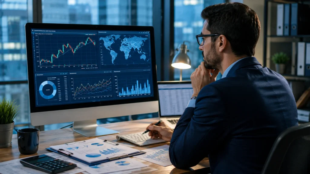 [Imagem: economista trabalhando com gráficos econômicos, indicadores e projeções em uma tela, representando planejamento e análise]