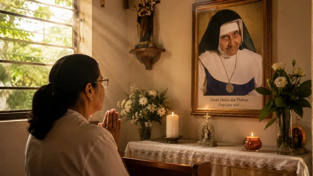 [Imagem: Pessoa em oração diante de uma imagem de Santa Dulce dos Pobres, com luz natural entrando pela janela]