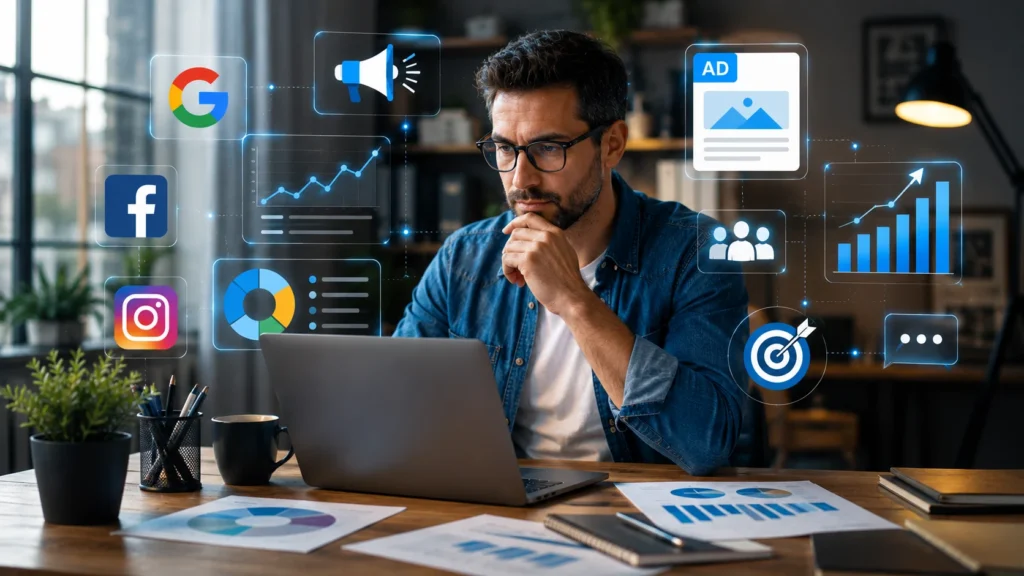 [Imagem: profissional de pequena empresa planejando uma campanha de marketing digital em notebook, com elementos visuais de redes sociais, Google, anúncios e métricas ao redor]