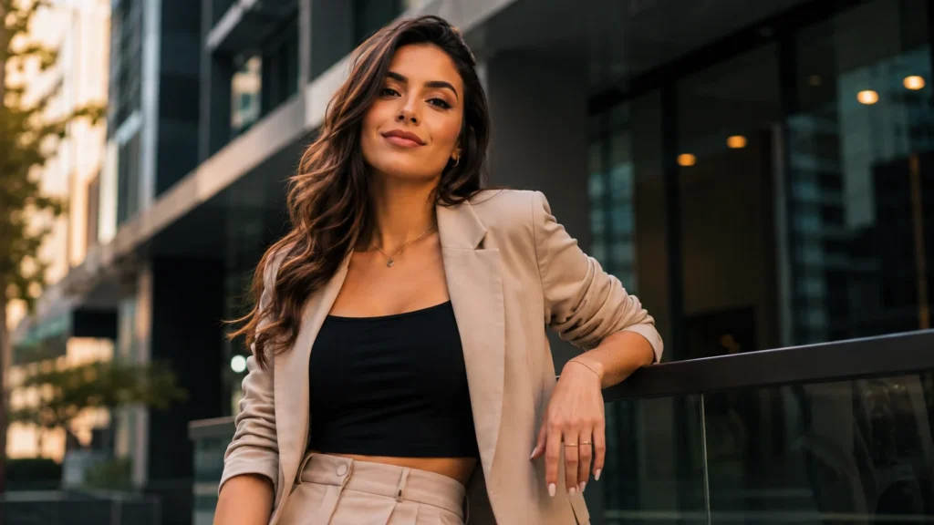 [Imagem: mulher confiante posando sozinha para uma foto nas redes sociais, com expressão segura, visual elegante e cenário urbano moderno]