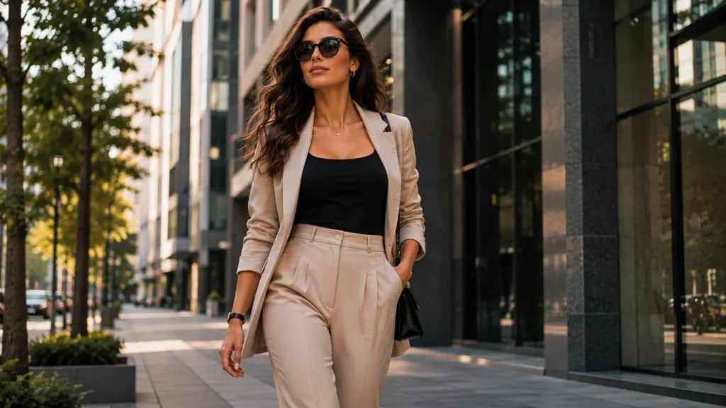 [Imagem: mulher elegante caminhando sozinha em uma rua moderna, postura firme, roupa sofisticada e atmosfera de independência e poder]