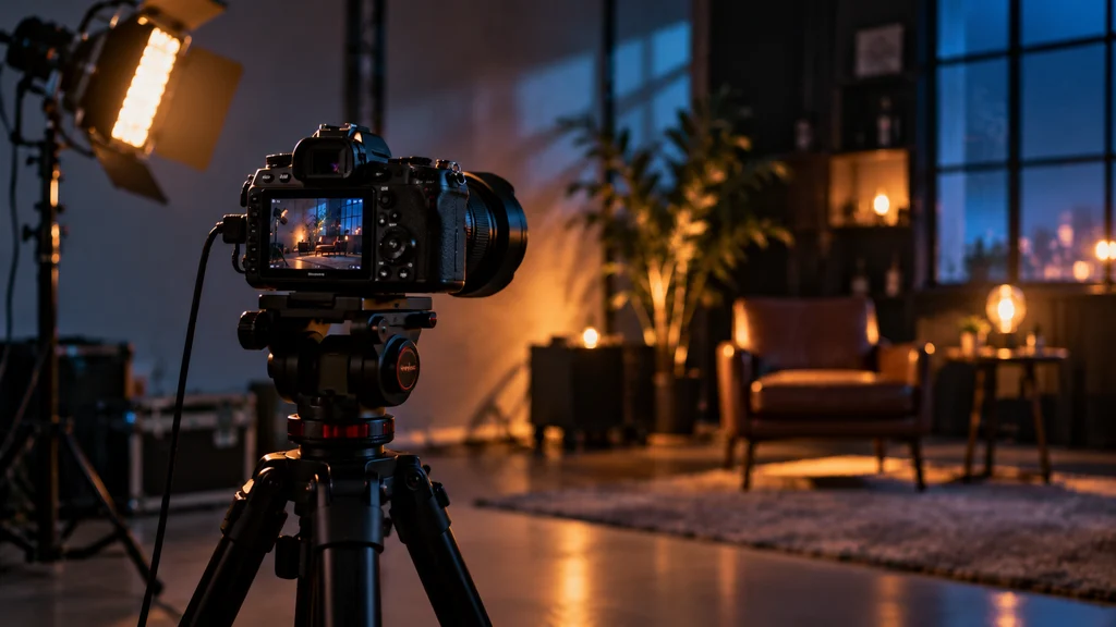 [Imagem: câmera fotográfica montada em tripé diante de uma cena com iluminação cinematográfica]