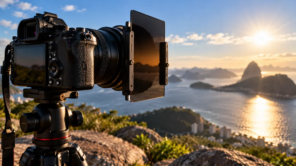 [Imagem: câmera fotográfica utilizando filtro ND durante gravação externa sob luz solar intensa]